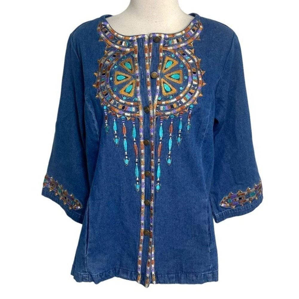 Bob Mackie wearable‎ Art jean + multicolor boho embroidered print jacket size L